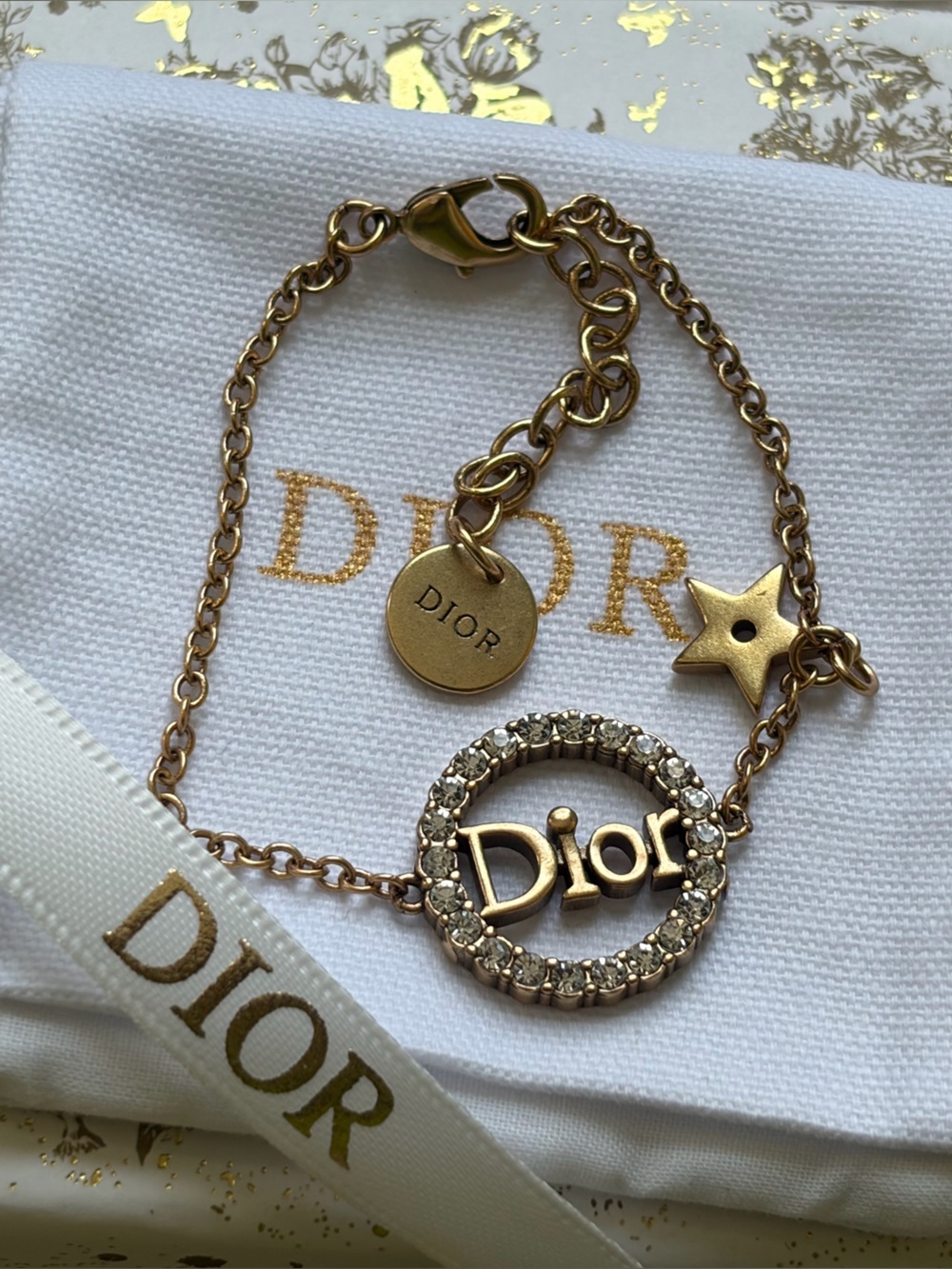 Dior Gold Crystal Logo Charm Bracelet with Star Accent and vintage
